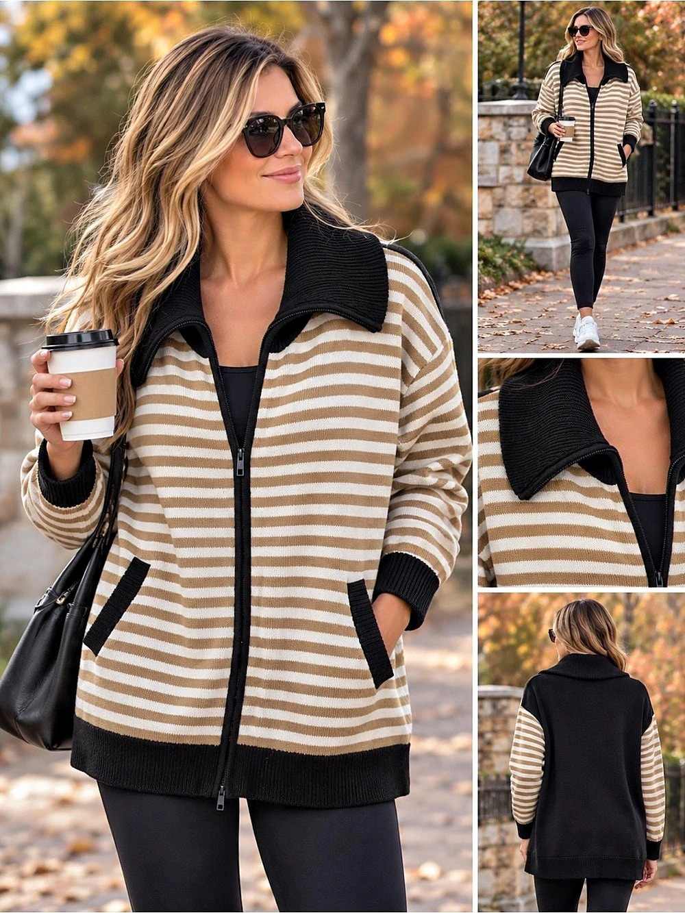 Cabi Striped Zip Sweater in Brown & Black Size Medium